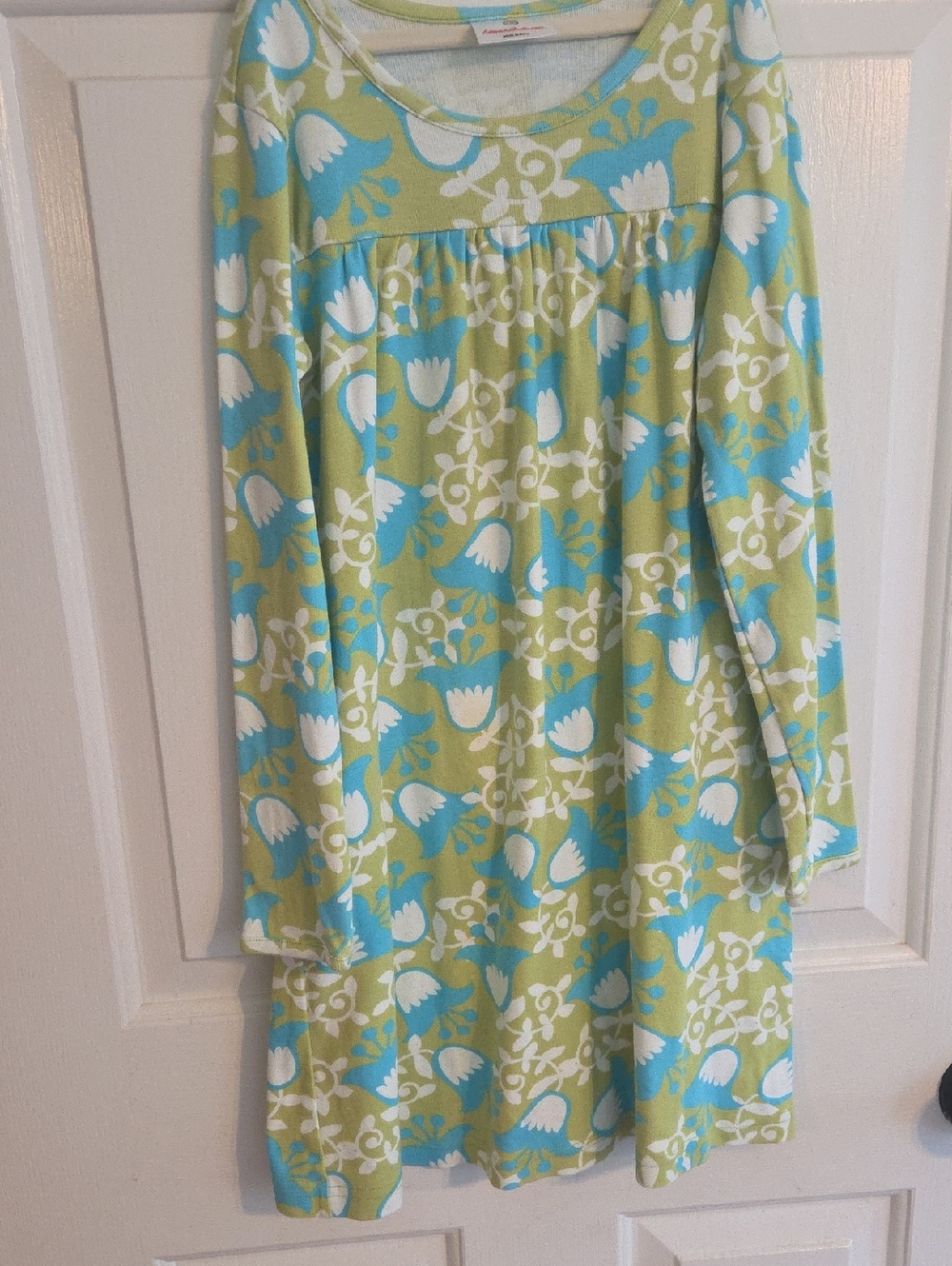 Hanna Andersson White Dress with Green And Blue Print Sz 7/8 (130)